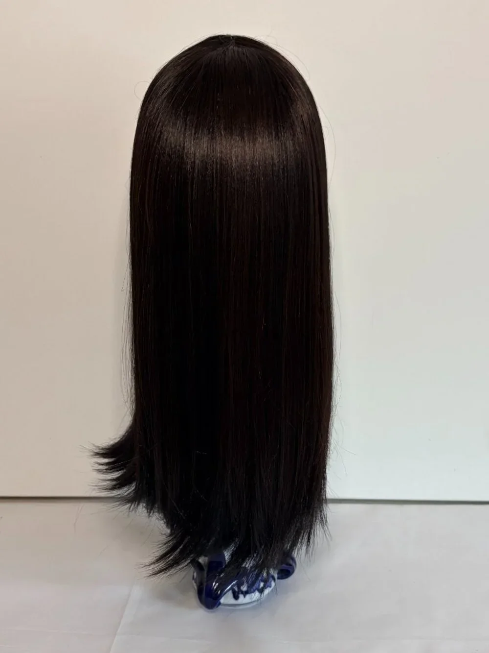 Blended Human Hair Wig – Straight Dark Brown Bob with Full Bangs – Shoulder Leng
